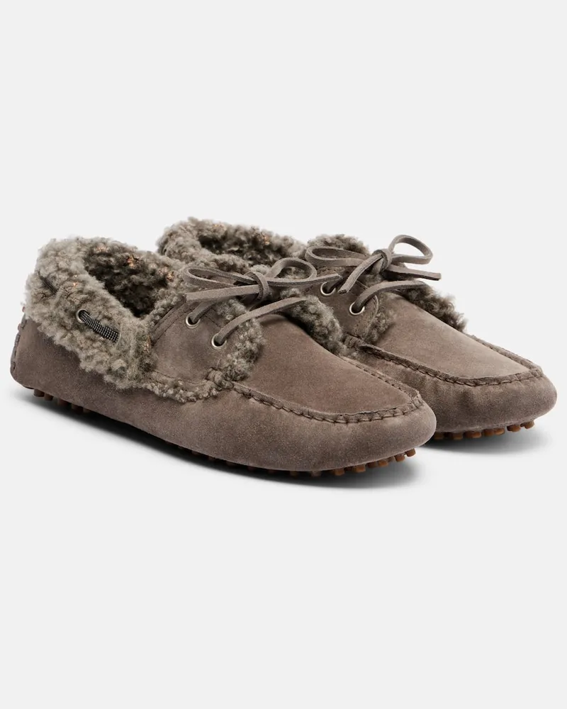 Brunello Cucinelli Mokassins Monili aus Veloursleder mit Shearling Grau
