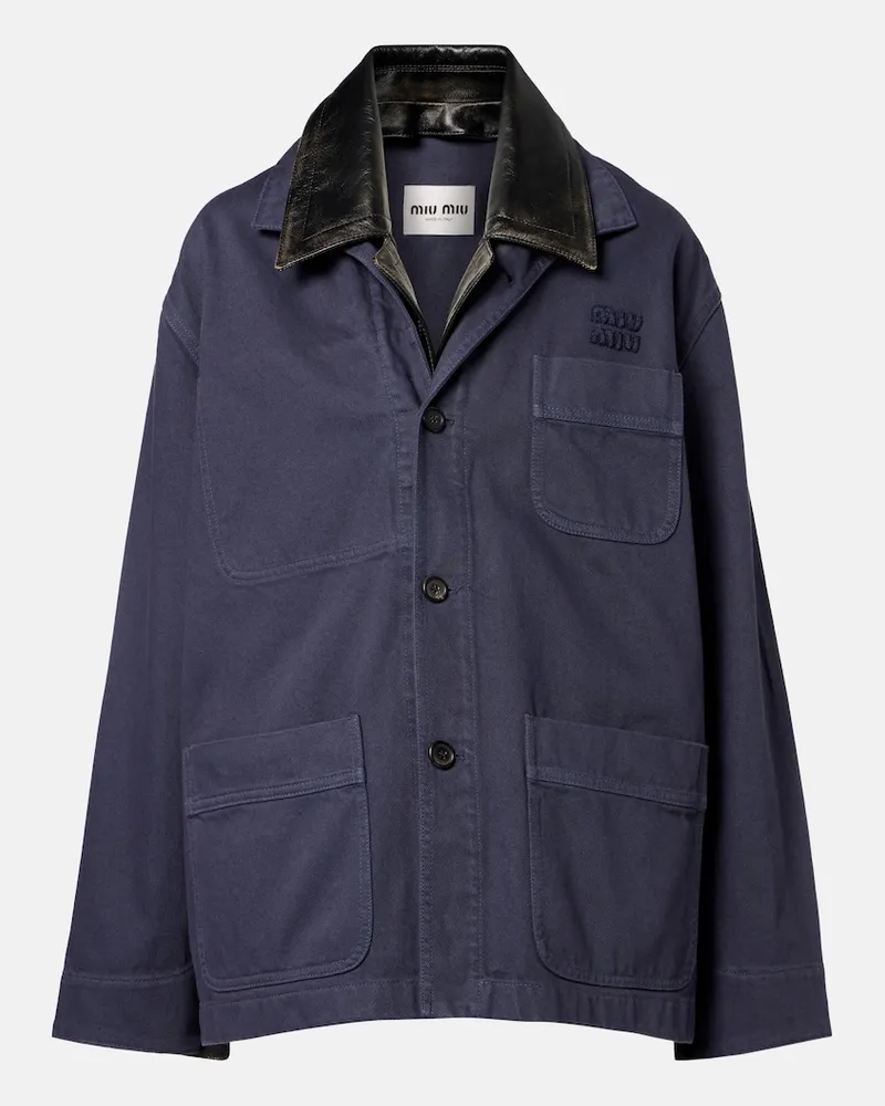 Miu Miu Oversize-Jacke aus Baumwoll-Gabardine mit Leder Blau
