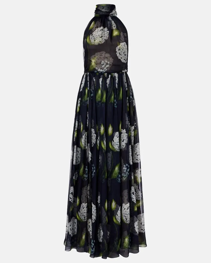 Oscar de la Renta Robe Porzellan Flower aus Seidenchiffon Blau