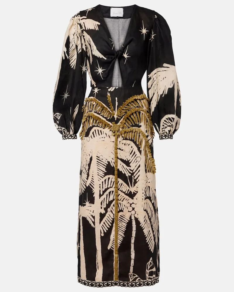 Johanna Ortiz Verziertes Maxikleid Pradera Geométrica aus Leinen Schwarz