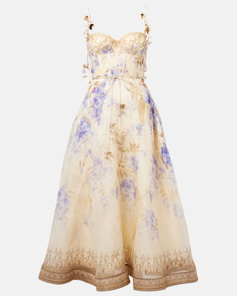 Zimmermann Midikleid Dawning aus Leinen und Seide Weiß