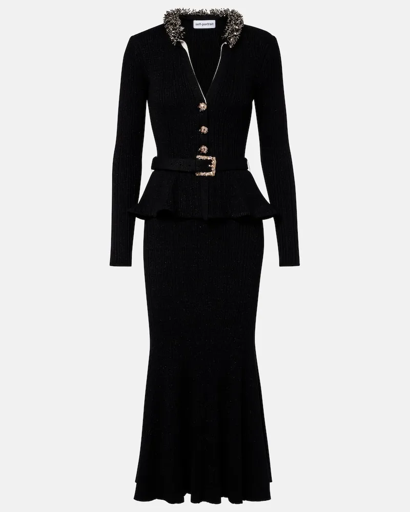 Self-Portrait Verziertes Midikleid aus Rippstrick Schwarz