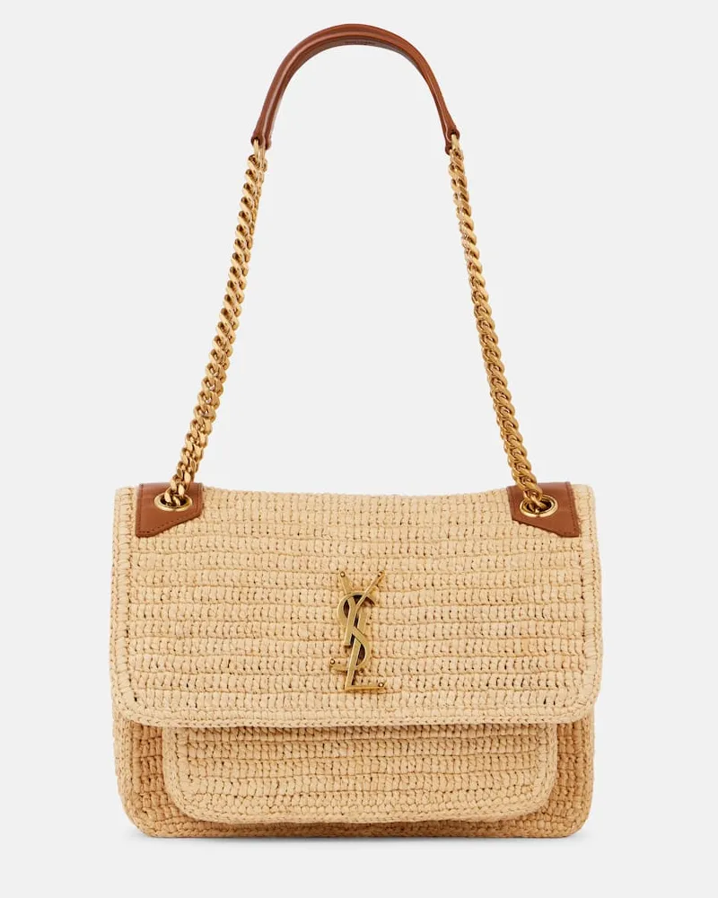 Saint Laurent Schultertasche Niki Medium aus Raffiabast Beige