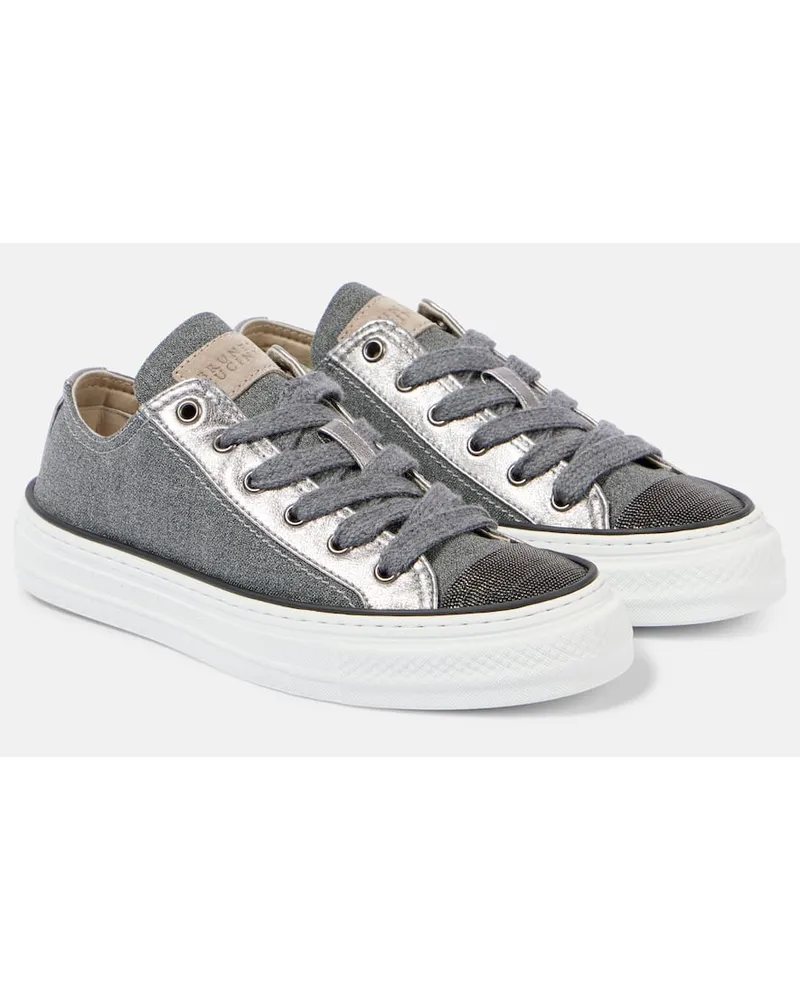 Brunello Cucinelli Sneakers Monili aus Canvas mit Metallic-Leder Grau
