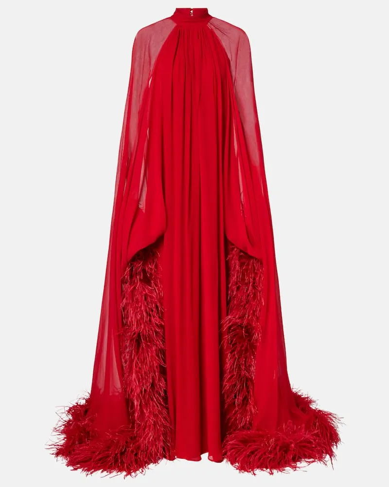 Taller Marmo Robe Eterea aus Seiden-Crêpe mit Federn Rot
