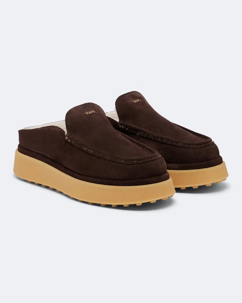 TOD'S Plateau-Mules aus Veloursleder mit Shearling Braun