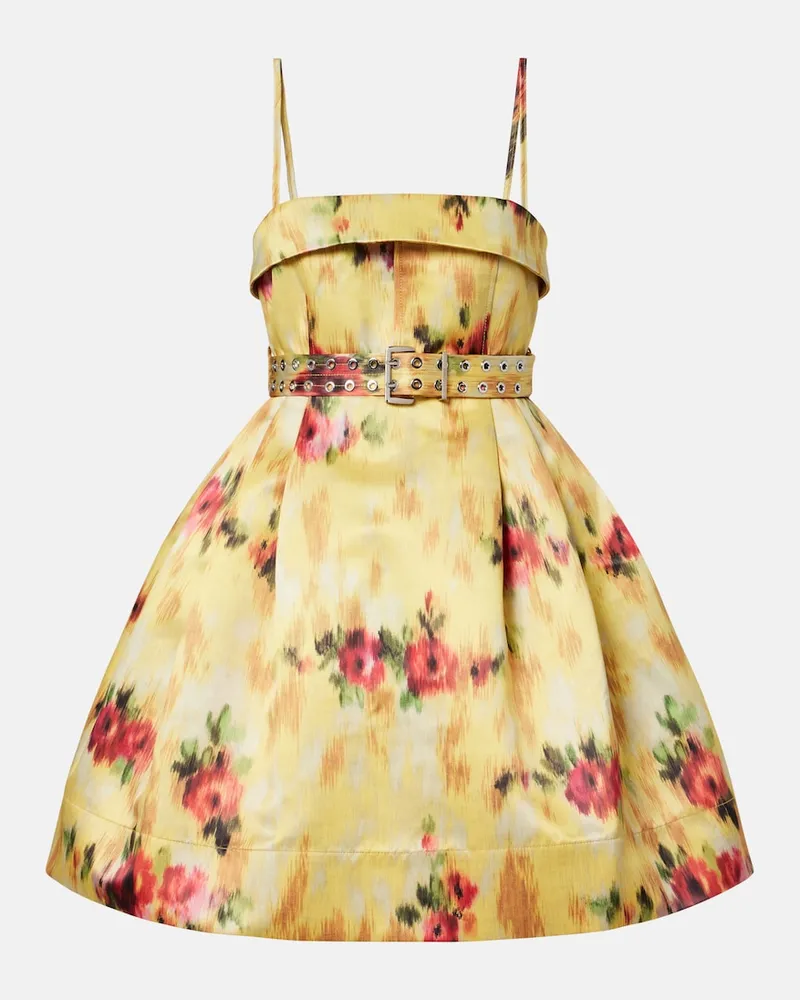 Ganni Bedrucktes Minikleid aus Satin Gelb