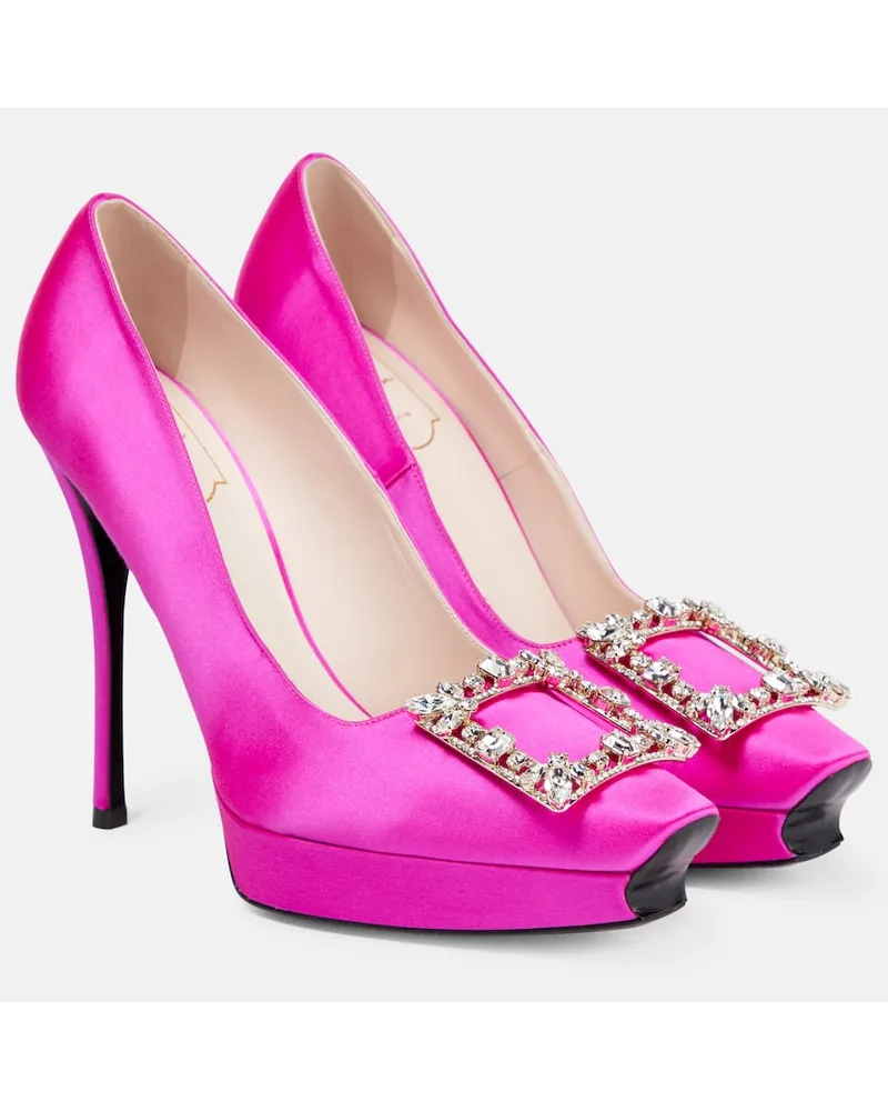 Roger Vivier Plateau-Pumps Flower Strass aus Satin Pink