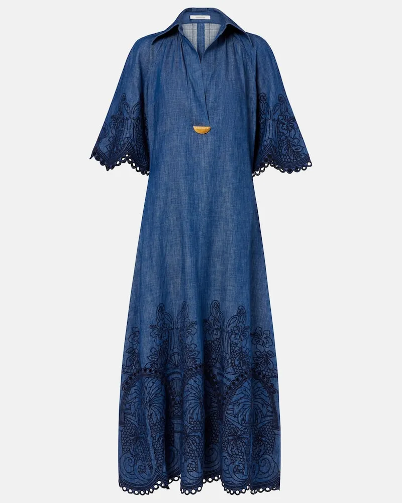 Zimmermann Besticktes Maxikleid Coco aus Denim Blau