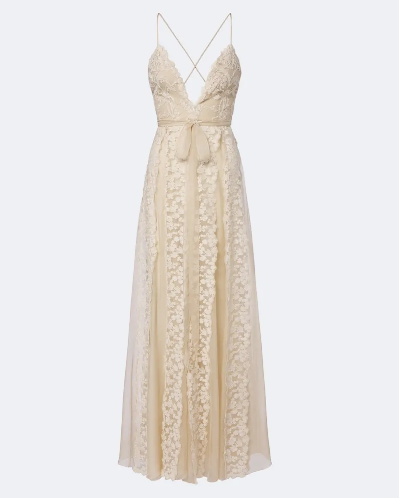 Fendi Maxikleid aus Seide mit Spitze Weiß