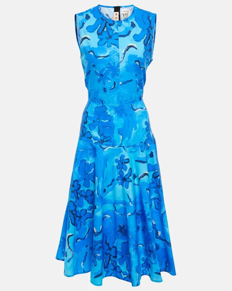 Marni Bedrucktes Midikleid aus Baumwolle Blau