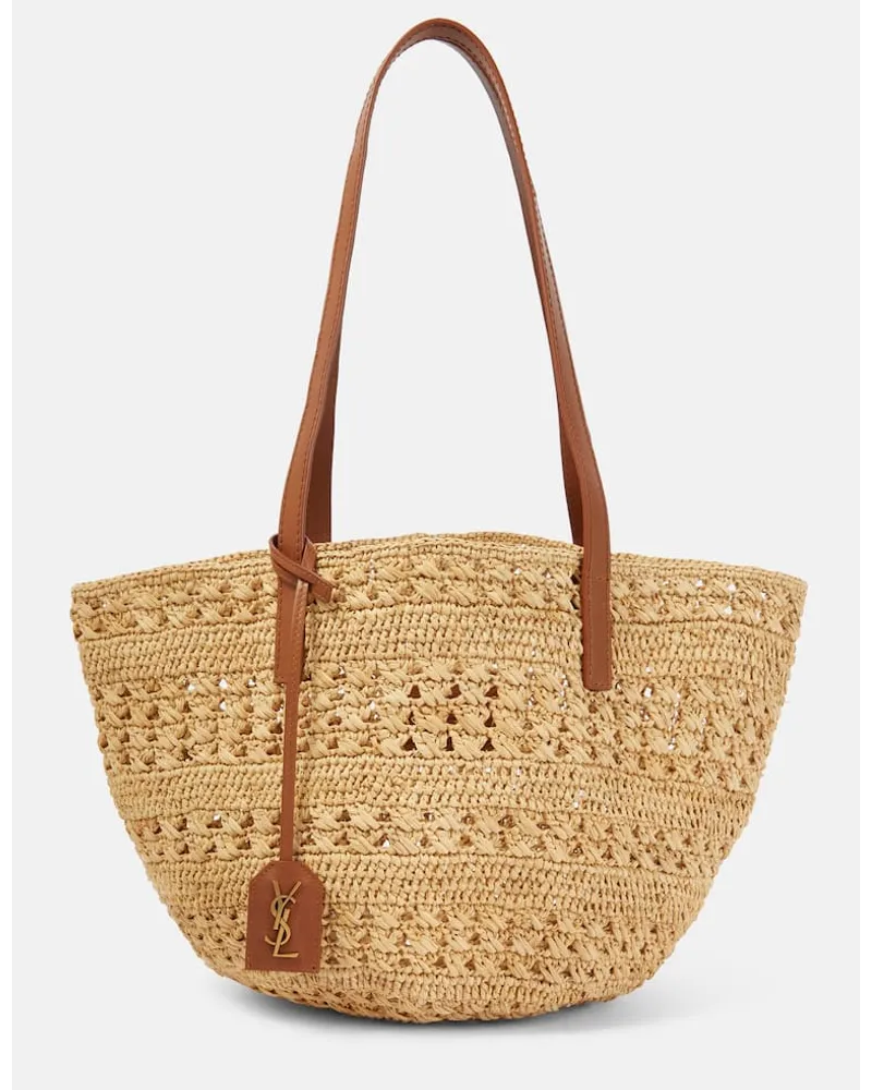 Saint Laurent Schultertasche Panier Small aus Raffiabast Nude