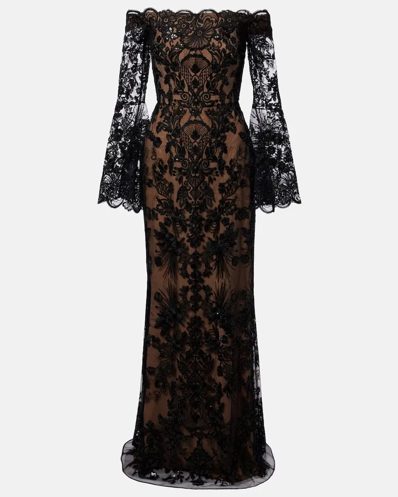 Elie Saab Off-Shoulder-Robe aus Spitze mit Pailletten Schwarz