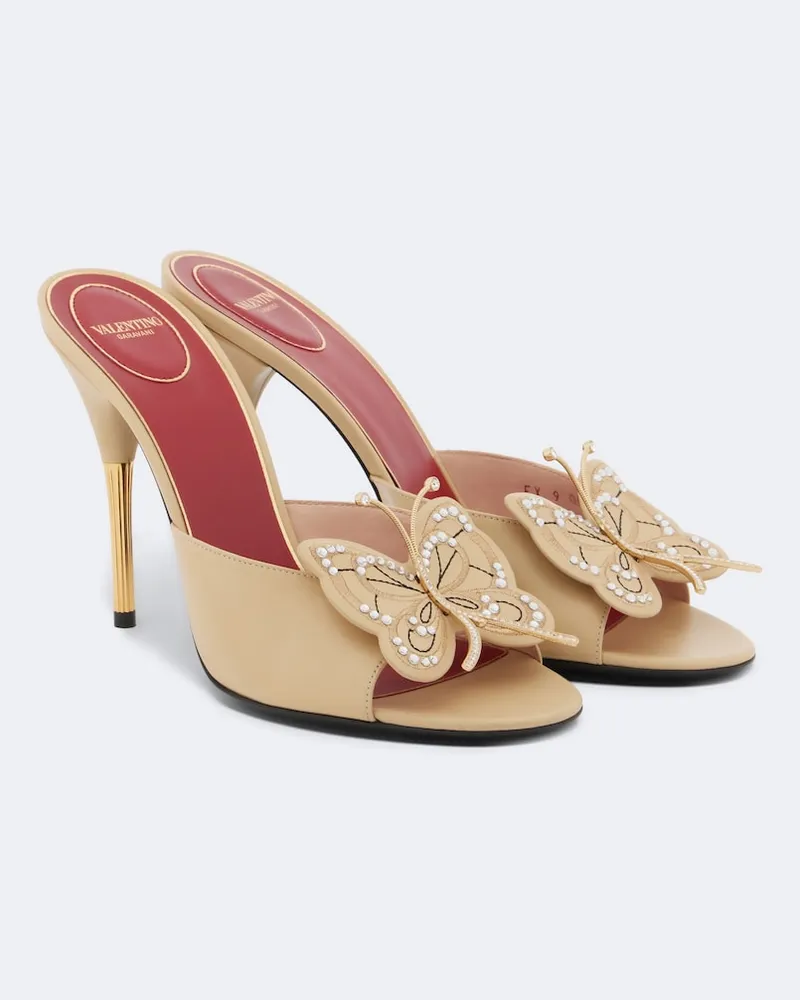 Valentino Garavani Verzierte Pantoletten Flutterby aus Leder Beige