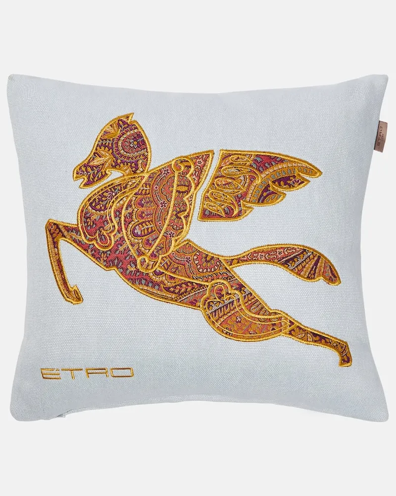 Etro Besticktes Kissen Pegaso aus Leinen Blau