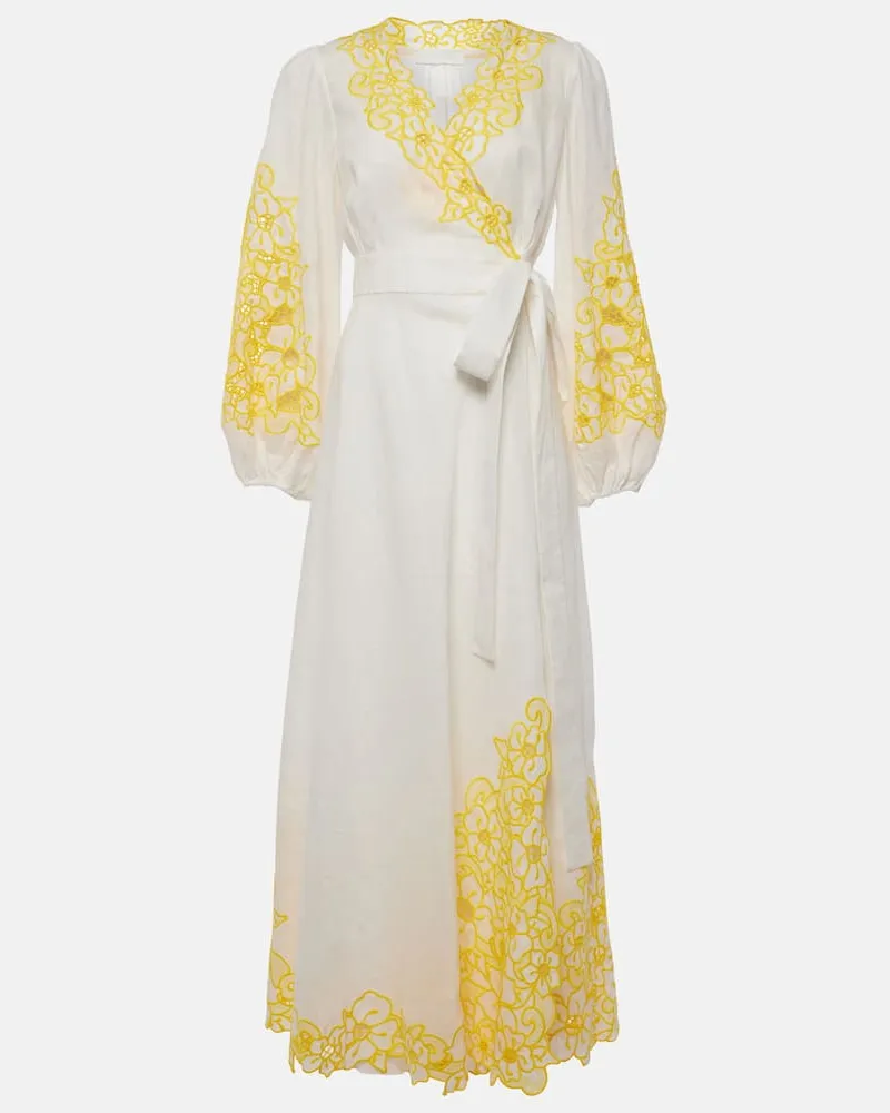 Zimmermann Besticktes Wickelkleid Golden aus Leinen Weiß