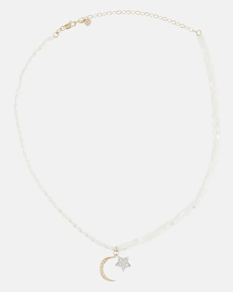 Sydney Evan Halskette Half Moon aus Mondstein und Perlmutt mit 14kt Gelb- und Weißgold und Diamanten Weiß