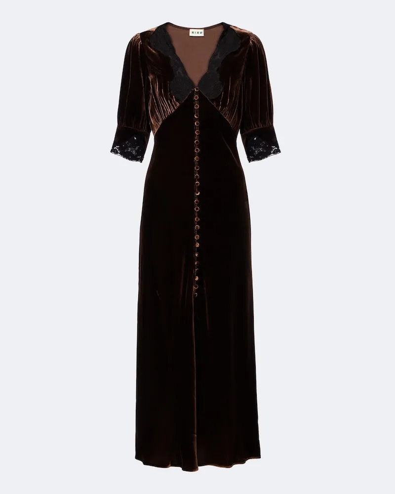RIXO Midikleid Simone aus Samt mit Spitze Braun