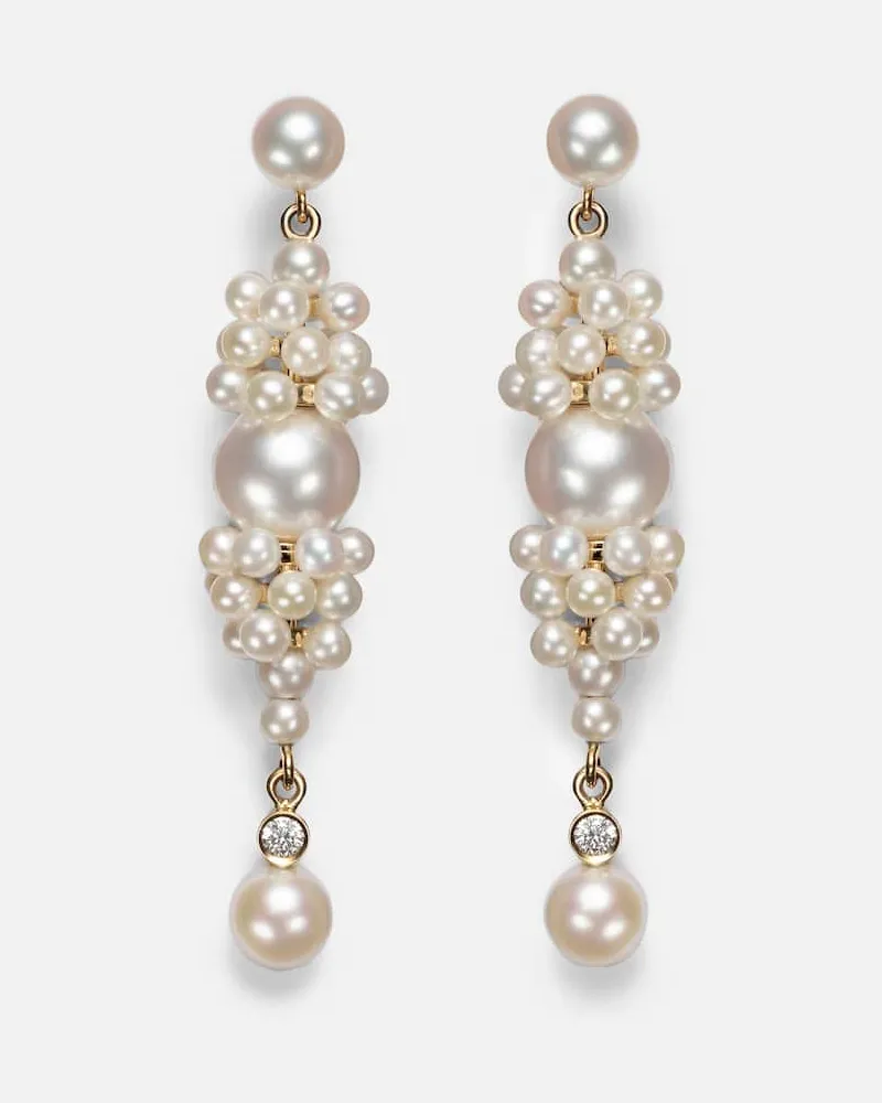Sophie Bille Brahe Ohrringe Rêve de Diamant aus 14kt Gelbgold mit Diamanten und Süßwasserperlen Weiß