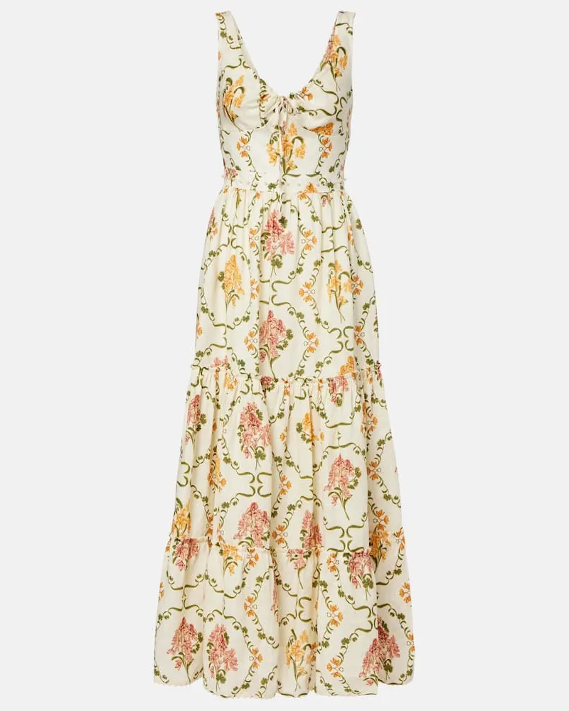 AGUA BENDITA Verziertes Maxikleid Azulejo aus Leinen Weiß