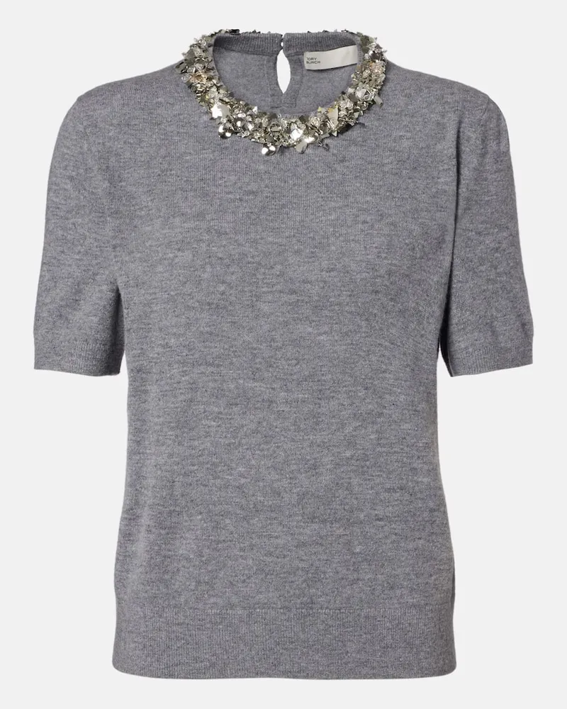 Tory Burch Verziertes Top aus Wolle und Kaschmir Grau