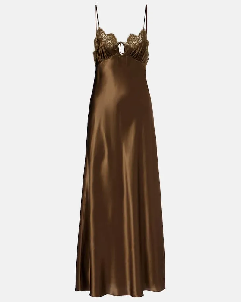 Saint Laurent Slipdress aus Seidensatin mit Spitze Grã¼n