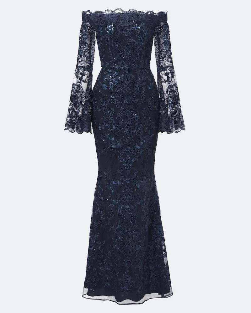 Elie Saab Off-Shoulde-Robe aus Spitze mit Pailletten Blau