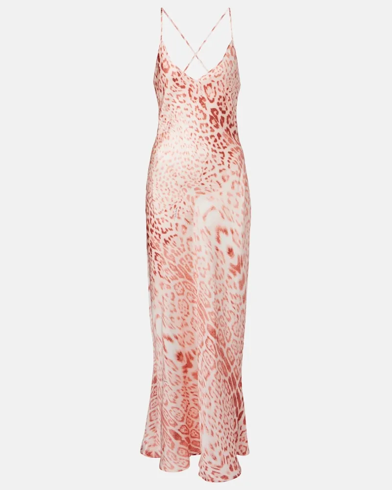 Roberto Cavalli Kleid aus Seidensatin mit Leopardenmuster Rosa