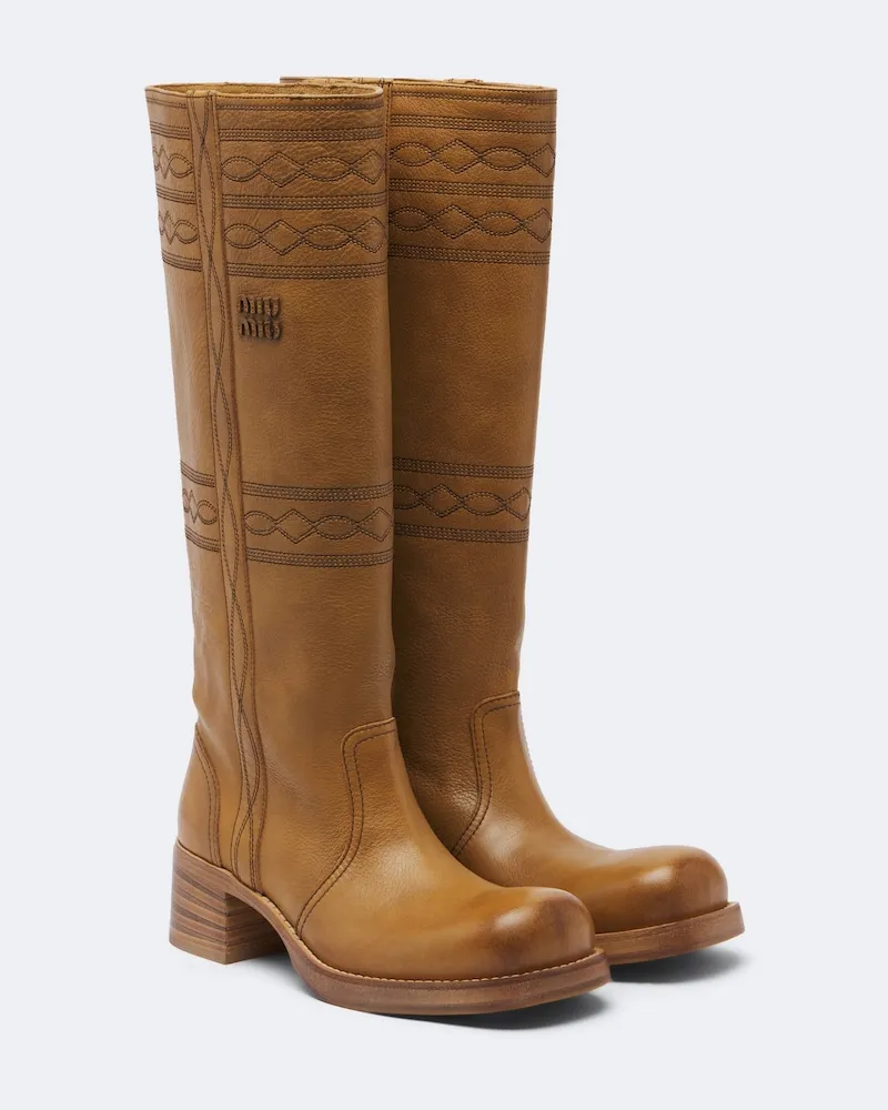 Miu Miu Bestickte Stiefel aus Leder Braun