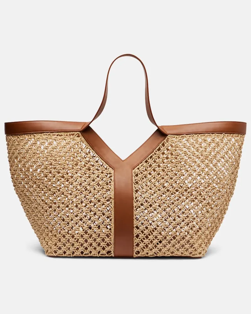 Saint Laurent Shopper Y aus Raffiabast mit Leder Nude