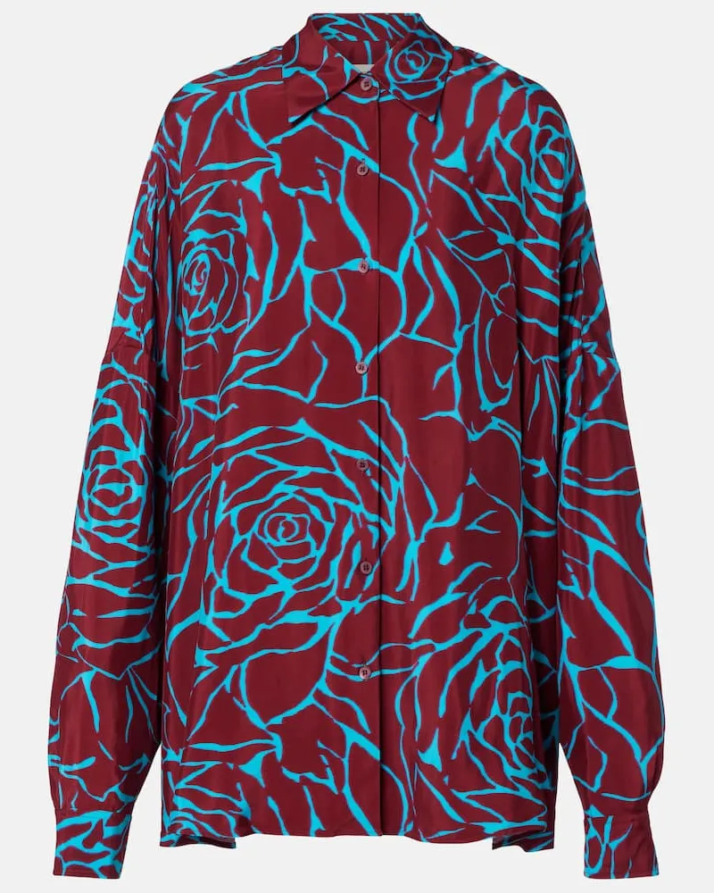 Dries van Noten Bedrucktes Oversize-Hemd aus Satin Burgunderrot