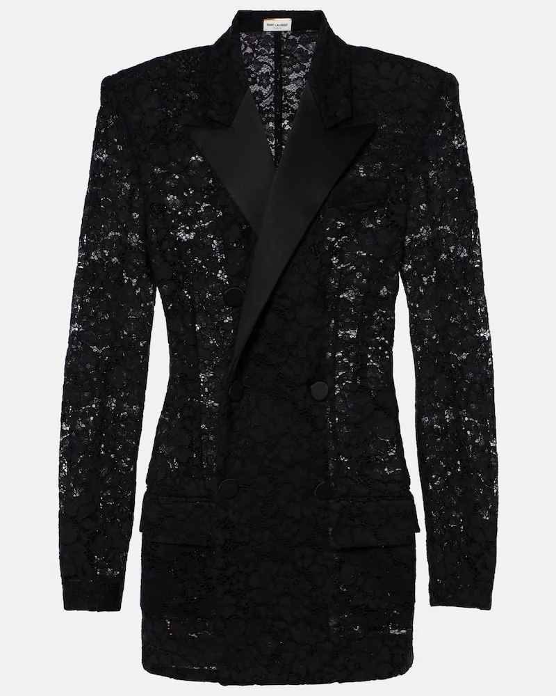 Saint Laurent Smokingjacke aus Guipure-Spitze mit Satin Schwarz