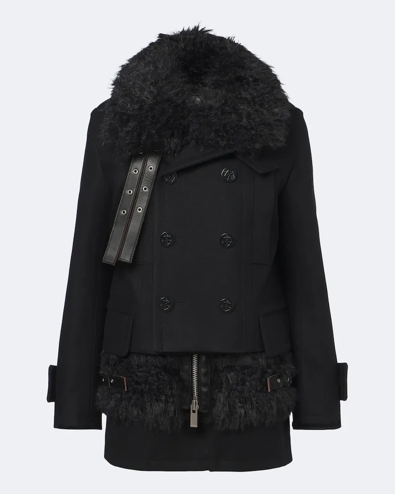 Sacai Mantel aus Wolle mit Leder Schwarz