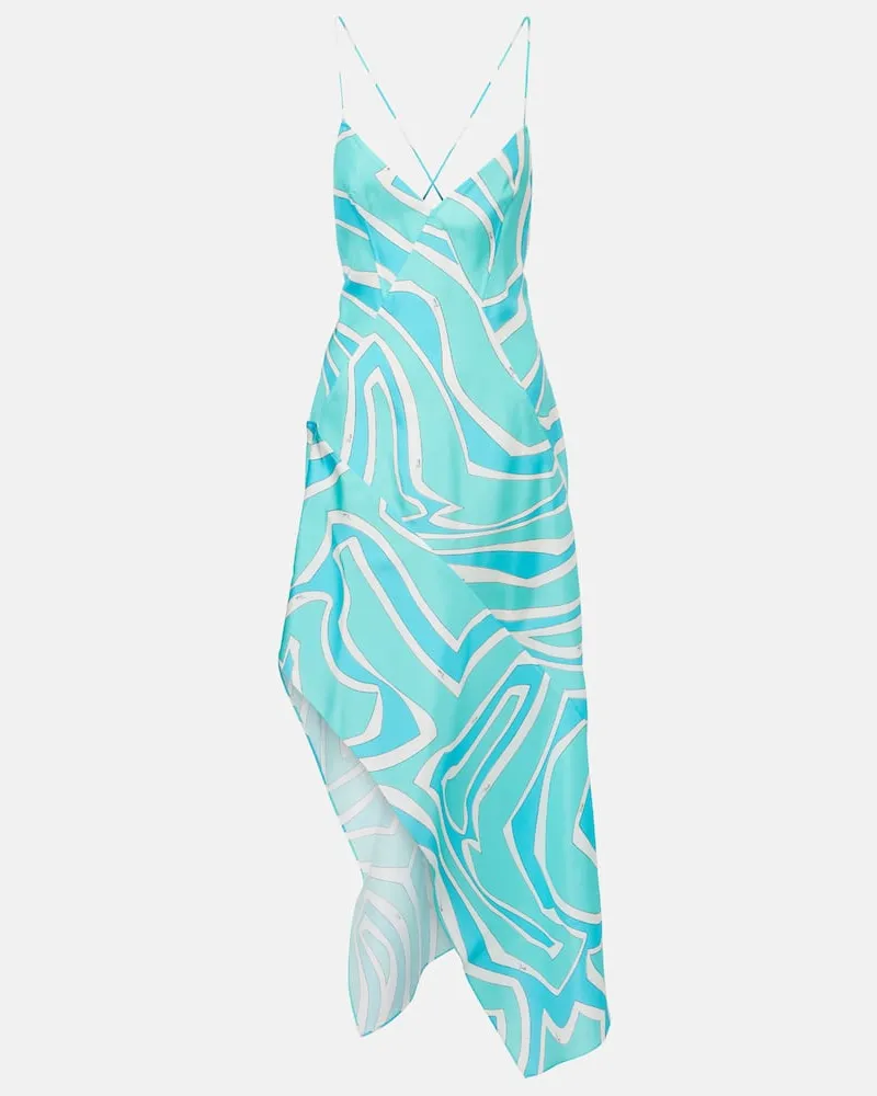 Emilio Pucci Midikleid Labirinto aus Seidensatin Blau