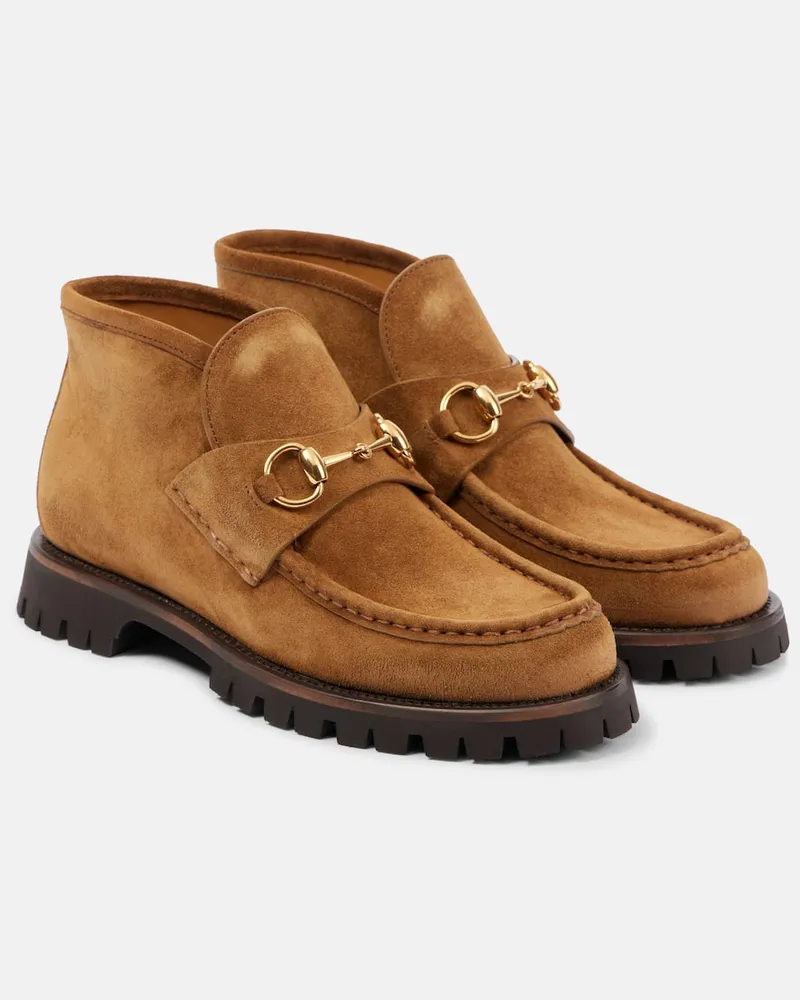 Gucci Ankle Boots Horsebit aus Veloursleder Braun
