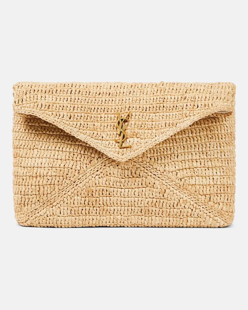 Saint Laurent Clutch Cassandre Large aus Raffiabast Beige