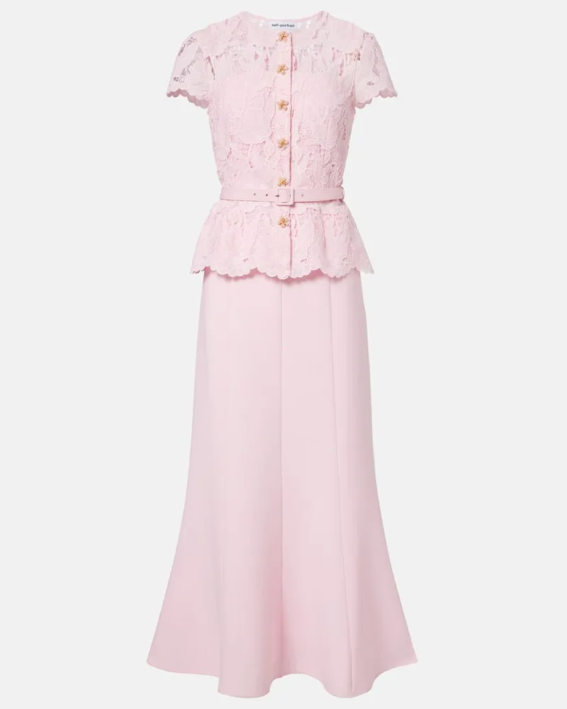Self-Portrait Verziertes Midikleid aus Guipure-Spitze und Crêpe Rosa