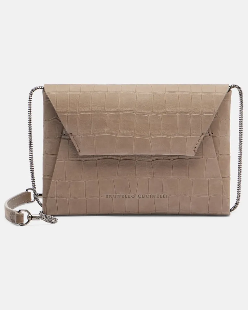 Brunello Cucinelli Clutch BC Duo aus Veloursleder Braun