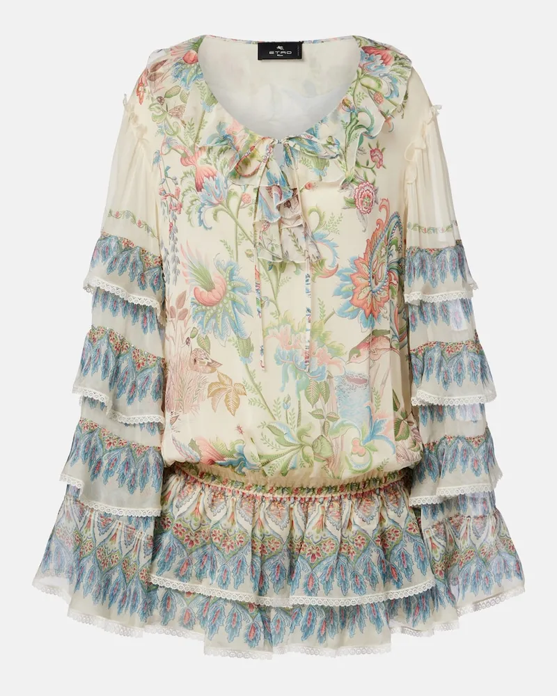 Etro Bedrucktes Minikleid aus Seide mit Spitze Weiß