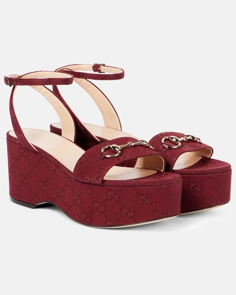 Gucci Wedge-Sandalen Lady Horsebit GG aus Canvas Burgund