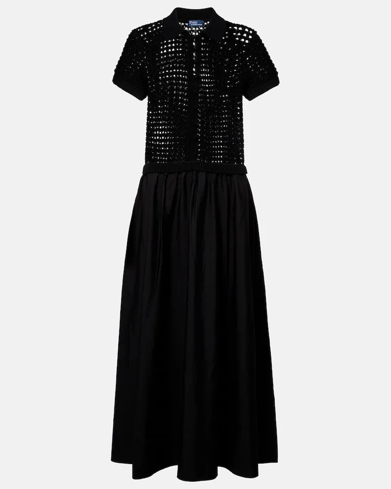 Ralph Lauren Midikleid aus Baumwollpopeline mit Häkelstrick Schwarz