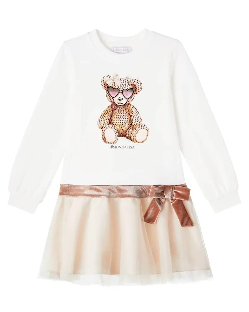 Monnalisa Bedrucktes Kleid aus Tüll mit Kristallen Weiß