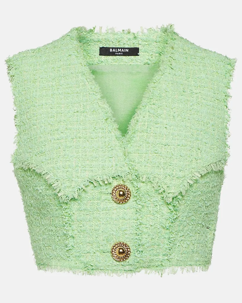 Balmain Cropped-Top aus Tweed Grün