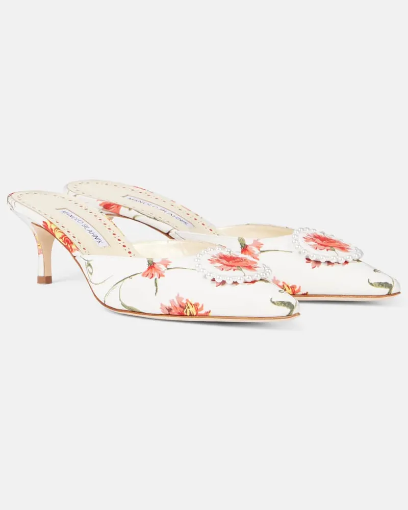 Manolo Blahnik Mules Kifatmu 50 aus Satin mit Zierperlen Weiß