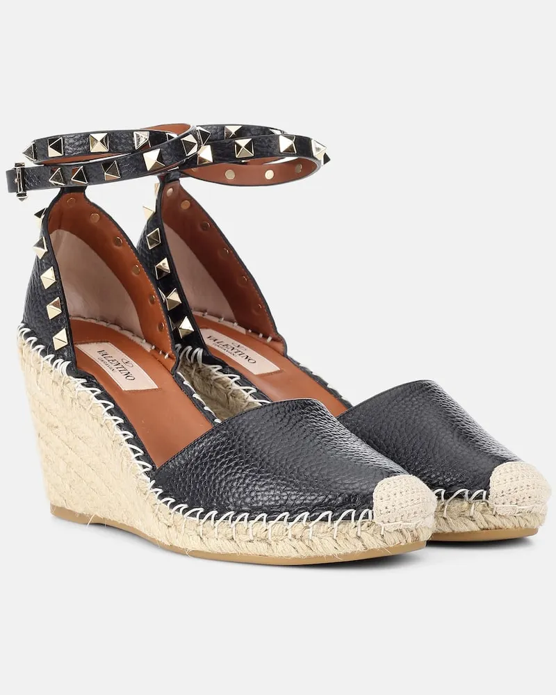 Valentino Garavani Espadrille-Wedges Rockstud Double 85 aus Leder Schwarz