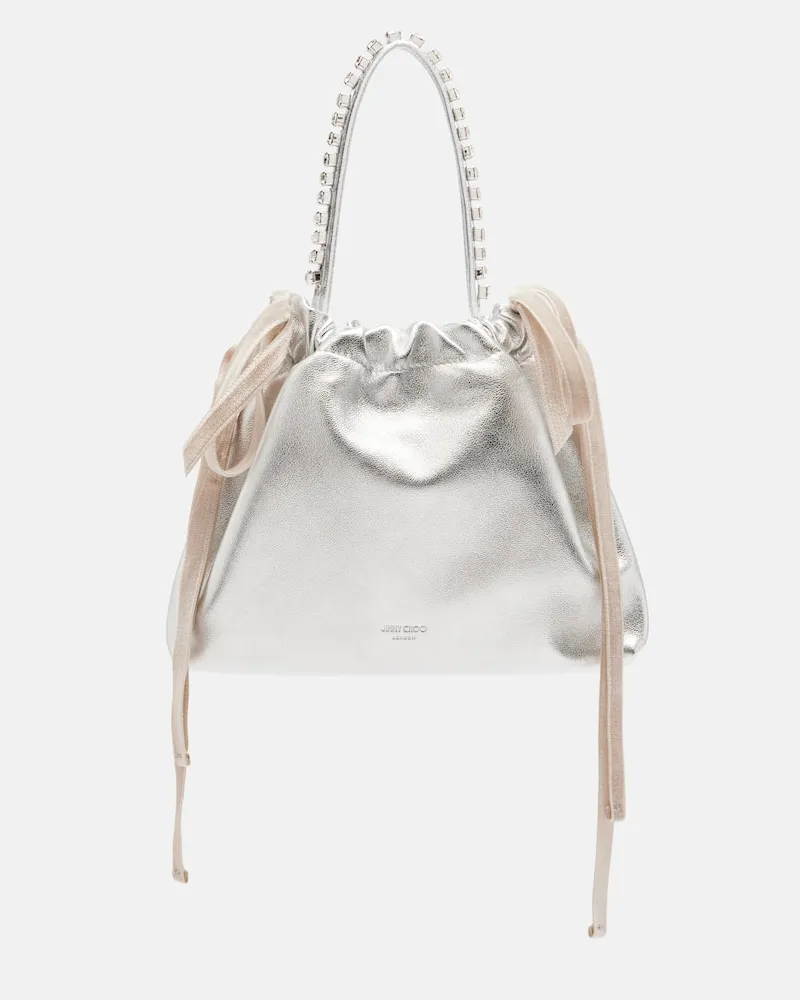Jimmy Choo Schultertasche Drawstring Mini aus Metallic-Leder Silber