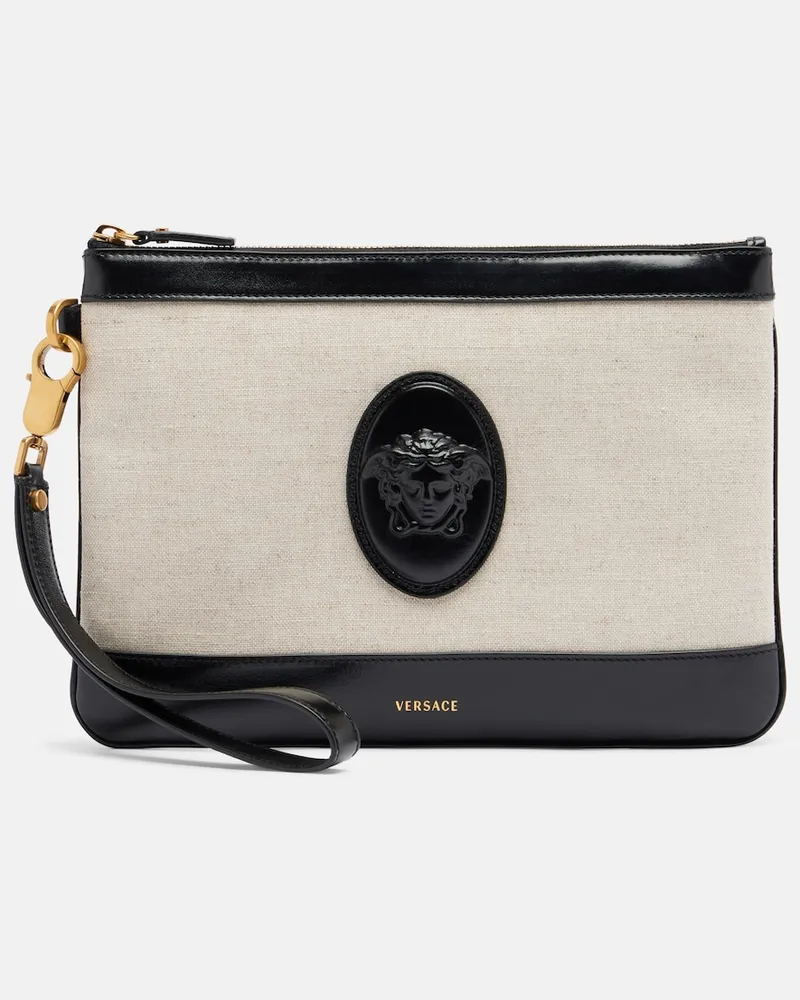 Versace Clutch Rivière aus Canvas mit Leder Beige