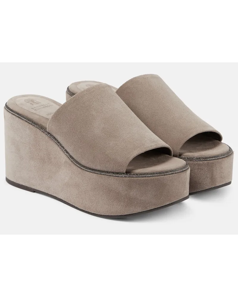 Brunello Cucinelli Verzierte Wedge-Pantoletten aus Veloursleder Beige