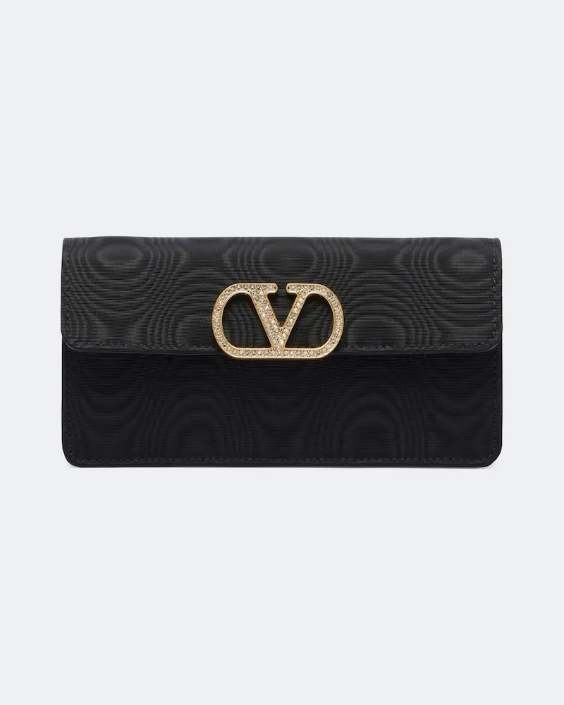 Valentino Garavani Clutch VLogo Mini aus Moiré mit Kristallen Schwarz