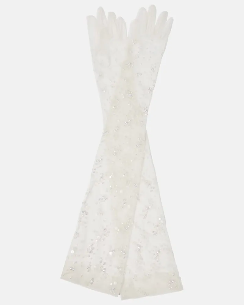 Safiyaa Bridal Verzierte Handschuhe aus Tüll Weiß